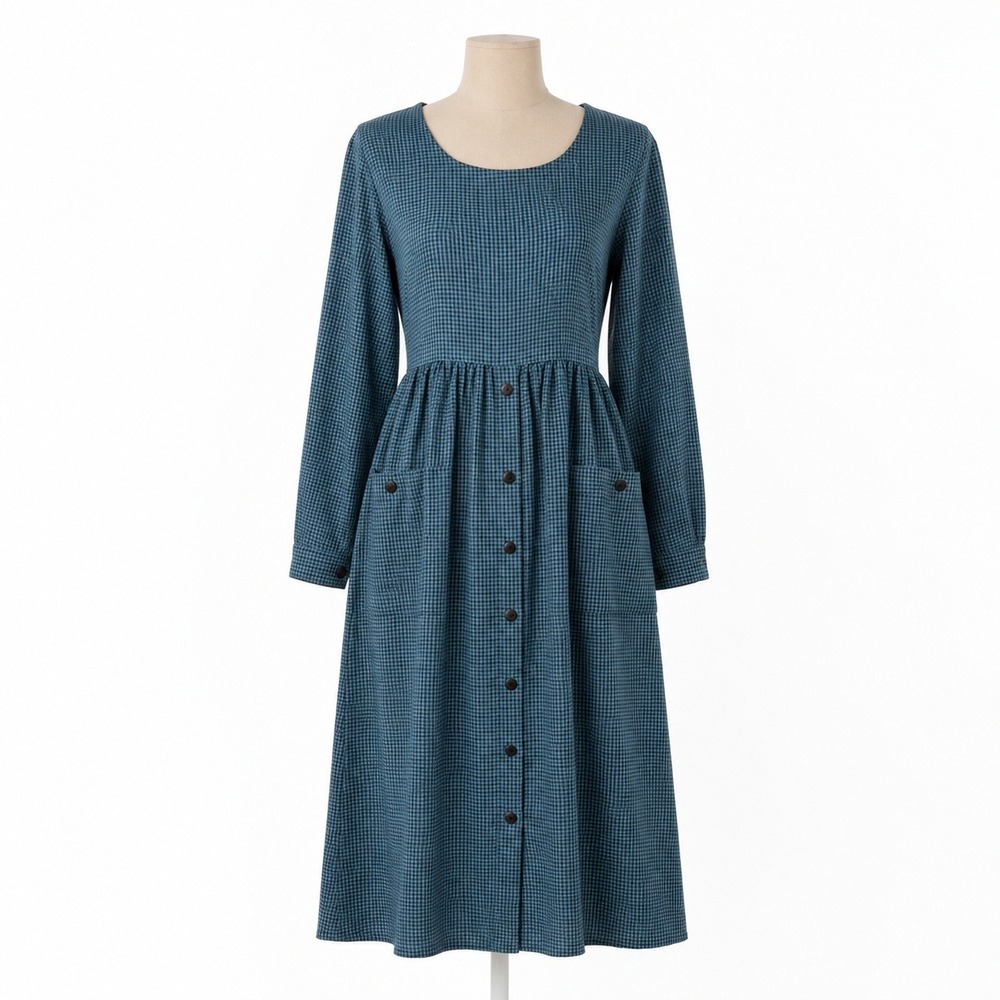 Vintage 90s Gingham Button Maxi Dress Size L Teal Prairie Cottagecore Modest